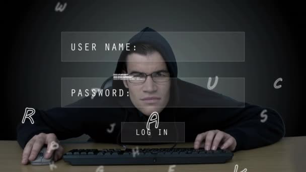 Animación Del Procesamiento Datos Través Hacker Caucásico Utilizando Computadora Concepto — Vídeos de Stock