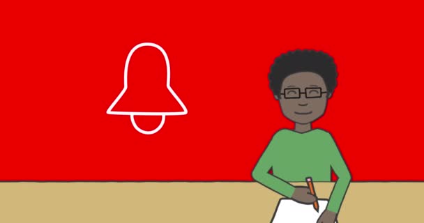 Animation White Ringing Bell Icon Schoolboy Writing Red Background Education — Stock Video