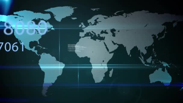 在黑色背景的世界地图上动画图标和数据处理 全球科学 技术和数字接口概念数字生成的视频 — 图库视频影像