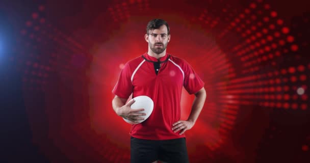 Caucasian Male Rugby Player Holding Rugby Ball Standing Scanner Red — Stock Video