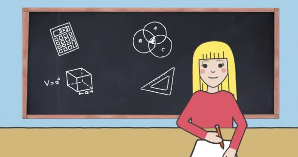 Animation Des Icônes École Sur Tableau Noir Écriture Écolière Sur — Video