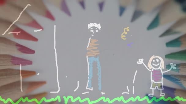 在白色背景的彩色铅笔上手绘家庭的动画 学习和学校概念数字制作的录像 — 图库视频影像