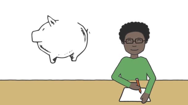 Animatie Van Spaarvarken Bank Met Amerikaanse Dollar Symbool Schooljongen Schrijven — Stockvideo