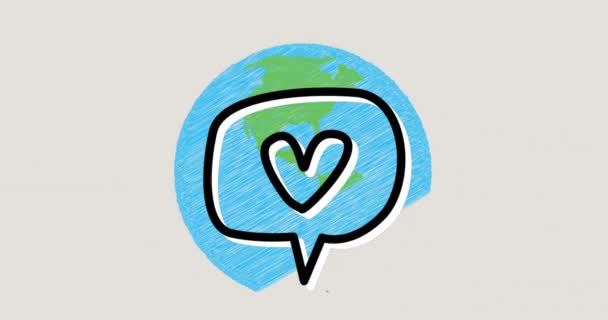 Gri Arka Planda Dünya Çapında Konuşma Baloncuğunda Kalp Animasyonu Eğitim — Stok video