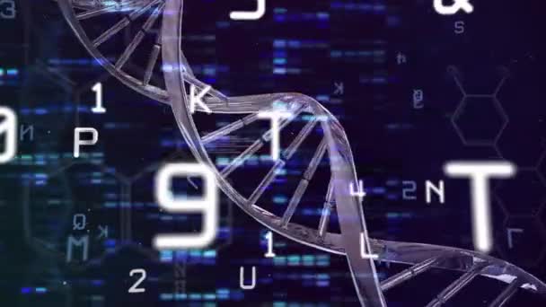 Animation Floating Numbers Spinning Dna Strain Black Background Global Science — Stock Video