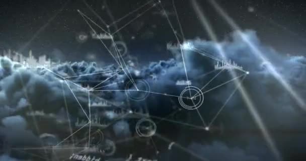 Animatie Van Web Van Verbindingen Wetenschappelijke Gegevensverwerking Boven Bewolkte Hemel — Stockvideo