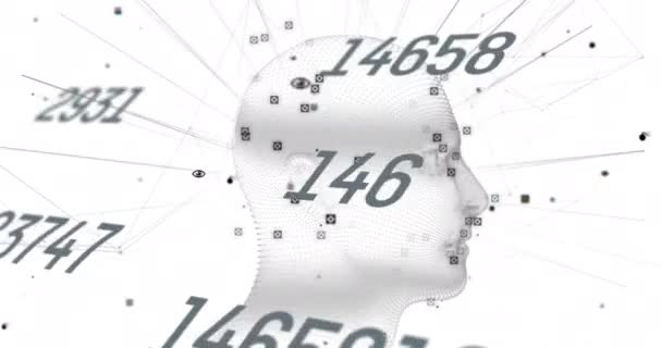 白い背景に人間の頭の回転モデル上の科学データ処理のアニメーション 世界中の科学技術とデジタルインターフェースの概念がデジタルで生成されたビデオ — ストック動画