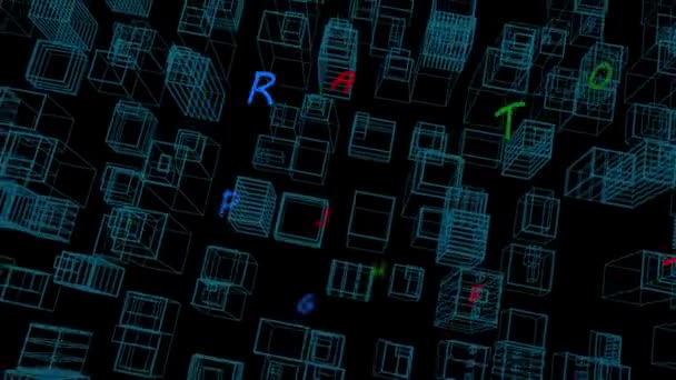 Siyah Arka Planda Dijital Şehrin Üzerindeki Renkli Harflerin Animasyonu Küresel — Stok video