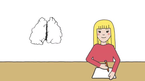 Animation Human Brain Arrows Thunder Flashes Schoolgirl Writing White Background — Stock Video