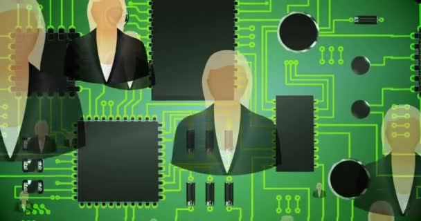 緑のコンピュータ回路基板上のビジネス女性のアイコンのアニメーション 世界的なネットワーク技術とデジタルインターフェースの概念デジタル生成されたビデオ — ストック動画