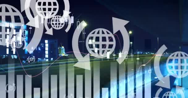 Animation Von Globus Symbolen Und Statistikverarbeitung Über Den Straßenverkehr Der — Stockvideo