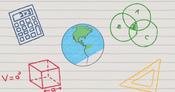 Animación Globo Dibujado Mano Los Iconos Escuela Papel Gobernado Educación — Vídeo de stock