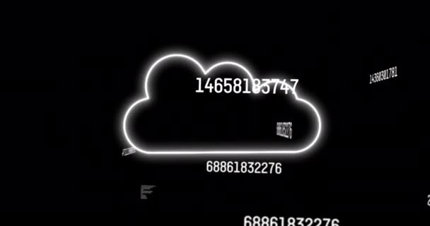 黒の背景に雲のアイコンと数字のアニメーション 世界中の科学技術とデジタルインターフェースの概念がデジタルで生成されたビデオ — ストック動画