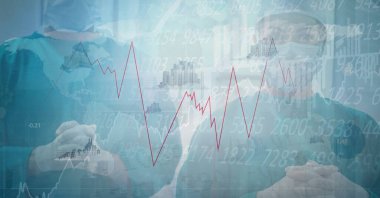 Arka plandaki yüz maskeli cerrahlarla ilgili covid 19 tıbbi istatistiğin bileşimi. küresel koronavirüs salgını ve sağlık hizmetleri konsepti dijital olarak oluşturulmuş görüntü.