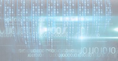 Mavi parlayan arka planda ikili kodlama işleminin bileşimi. veri işleme, teknoloji ve hesaplama kavramı dijital olarak oluşturulmuş görüntü.