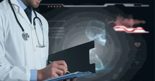 Composição Médico Masculino Usando Tela Virtual Com Ícones Médicos Fundo — Fotografia de Stock