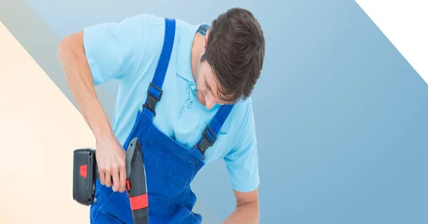 Midsection Handy Man Holding Drill Blue Beige White Stripes Diy — Stock Photo, Image