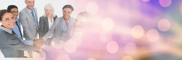 Composição Pessoas Negócios Sorridentes Empilhando Mãos Com Manchas Luz Conceito — Fotografia de Stock