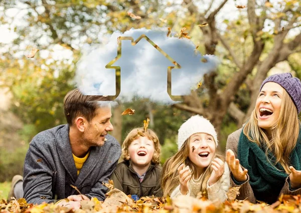 Composition Cloud House Icon Happy Caucasian Family Autumn Park Home — Stock Photo, Image