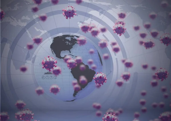 Corona Viruscellen Zweven Wereldkaart Aardbol Covid Pandemische Concepten Digitaal Gegenereerd — Stockfoto