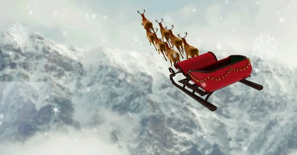Samenstelling Van Slee Getrokken Door Rendieren Bergen Winter Achtergrond Kersttraditie — Stockfoto