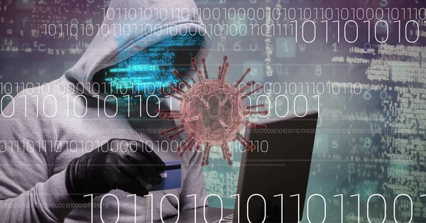 Samenstelling Van Covid Virus Cel Binaire Codering Hacker Met Creditcard — Stockfoto