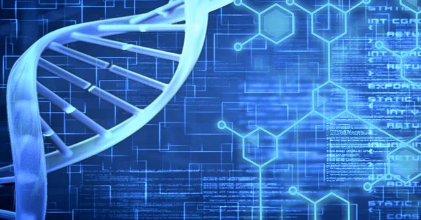 Sammansättning Dna Strängen Och Medicinsk Databehandling Över Blå Bakgrund Global — Stockfoto