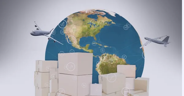 Animation of icons, airplanes, cardboard boxes and globe. global shipping, business travel and networking concept digitally generated image.