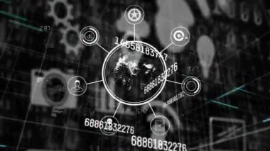 Siyah arkaplanda bilimsel veri işleme üzerine bağlantılar ve simgeler ağının animasyonu. küresel bilim, teknoloji ve dijital arayüz kavramı dijital olarak oluşturulmuş video.