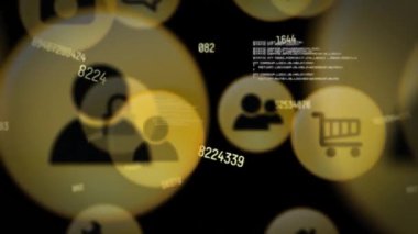 Siyah arkaplanda dijital simgelerin üzerinde bilimsel veri işleme animasyonu. küresel bilim, teknoloji ve dijital arayüz kavramı dijital olarak oluşturulmuş video.