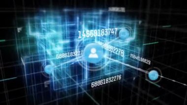 Siyah arkaplanda bilimsel veri işleme üzerine bağlantılar ve simgeler ağının animasyonu. küresel bilim, teknoloji ve dijital arayüz kavramı dijital olarak oluşturulmuş video.