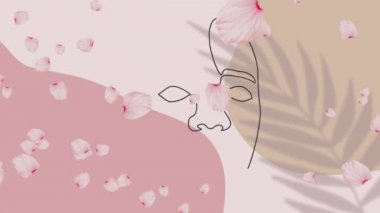 Pembe ve bej arka planda yüzen taçyapraklı siyah bir yüz animasyonu. sanat, doğa ve renk konsepti dijital olarak oluşturulmuş video.