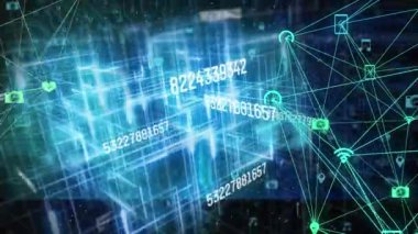 Bilimsel veri işleme animasyonunun siyah arkaplandaki bağlantılar ve simgeler ağı üzerinden yürütülmesi. küresel bilim, teknoloji ve dijital arayüz kavramı dijital olarak oluşturulmuş video.