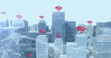 Kablosuz internet ve sosyal medya simgelerinin animasyonu ve şehrin üzerindeki afişler üzerindeki numaralar. küresel ağ, sosyal medya, teknoloji ve dijital arayüz kavramı dijital olarak oluşturulmuş video.