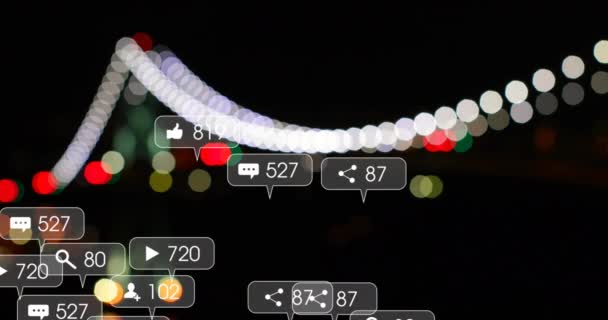 Animacja Ikon Mediów Społecznościowych Numerów Banerach Nad Migającymi Światłami Globalne — Wideo stockowe
