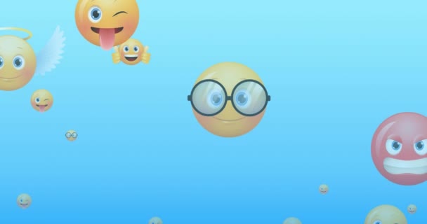 Animación Por Ciento Texto Dorado Sobre Emojis Sobre Fondo Azul — Vídeo de stock