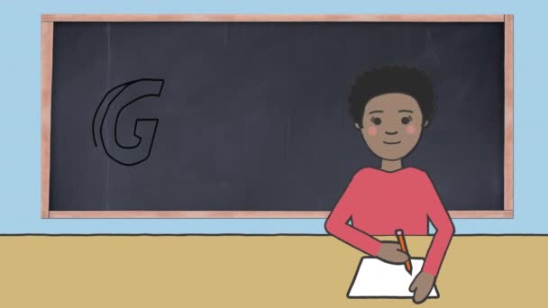 Animatie Van Doeltekst Schoolbord Schooljongen Schrijven Blauwe Achtergrond Onderwijs Leren — Stockvideo