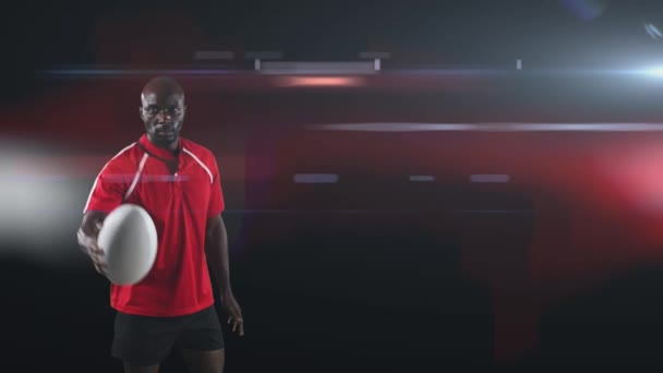 African American Male Rugby Player Holding Rugby Ball Light Trails — Stock Video