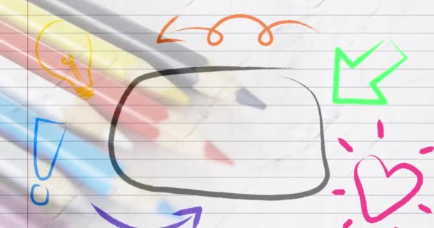 Анимация Нарисованного Вручную Речевого Пузыря Иконками Поверх Цветных Карандашей Управляла — стоковое видео