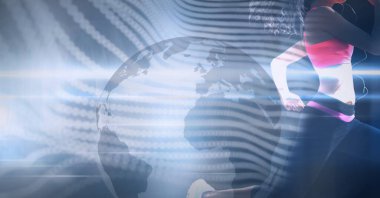 Açık renkli kürenin bileşimi ve mavi arka planda koşan bayan sporcu. küresel ağlar, bağlantılar ve teknoloji konsepti dijital olarak oluşturulmuş görüntü.