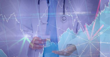 Doktorun elinde bir bardak su ve hap, ekonomi ve tıp kavramları olduğuna dair mali veriler. dijital olarak oluşturulmuş resim