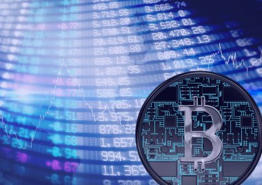 Hisse senedi pazar verilerine karşı Numeriq bitcoin sembolü ve mavi arkaplan analizi. dijital olarak oluşturulmuş resim