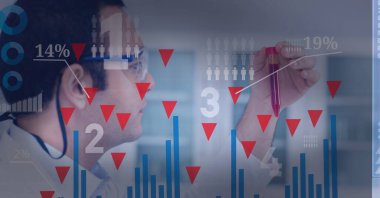 Gözlük takan ve tüp kullanan sağlık çalışanlarına karşı veri ve analiz. Hastane geçmişi konsepti. dijital olarak oluşturulmuş resim