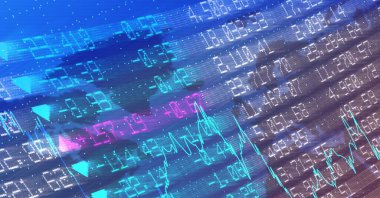 Mavi arka plandaki finansal veri işleme bileşimi. küresel iş, teknoloji ve dijital arayüz kavramı dijital olarak oluşturulmuş görüntü.