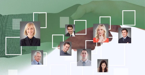Grön Teknik Bakgrund Över Nätverk Profil Ikoner Mot Två Affärsmän — Stockfoto