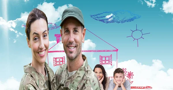 Composition Smiling Soldier Couple Embracing Children Home Background Patriotism Armed — Stock Photo, Image