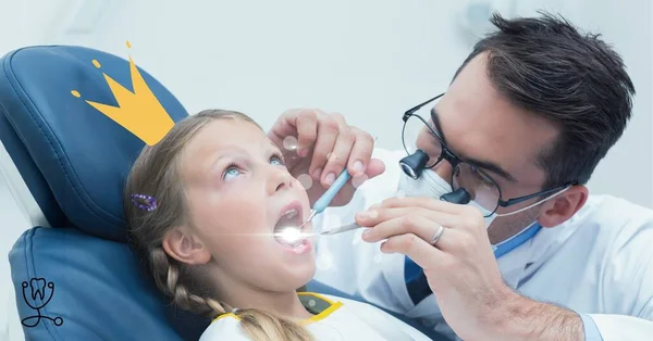Composition Male Dentist Girl Patient Yellow Crown Global Medicine Healthcare — Stockfoto