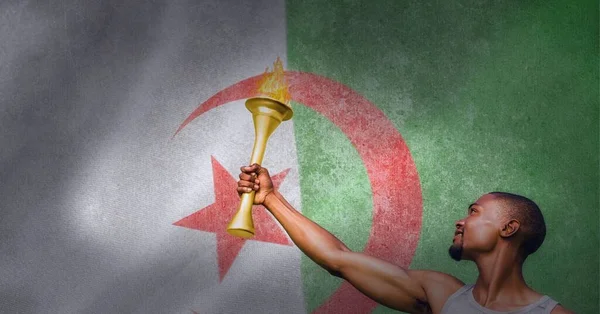 Man Holding Olympic Torch Algerian Flag Olympic Games Sports Event — Stock Photo, Image