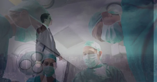 病院の背景概念に反して手術室でマスクとブラウスを着ている健康労働者 デジタル的に生成された — ストック写真