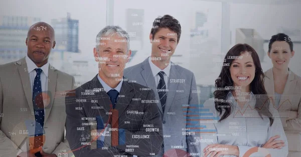 Composition of globe with network of connections with business text over smiling business people. global online connection and digital interface concept digitally generated image.